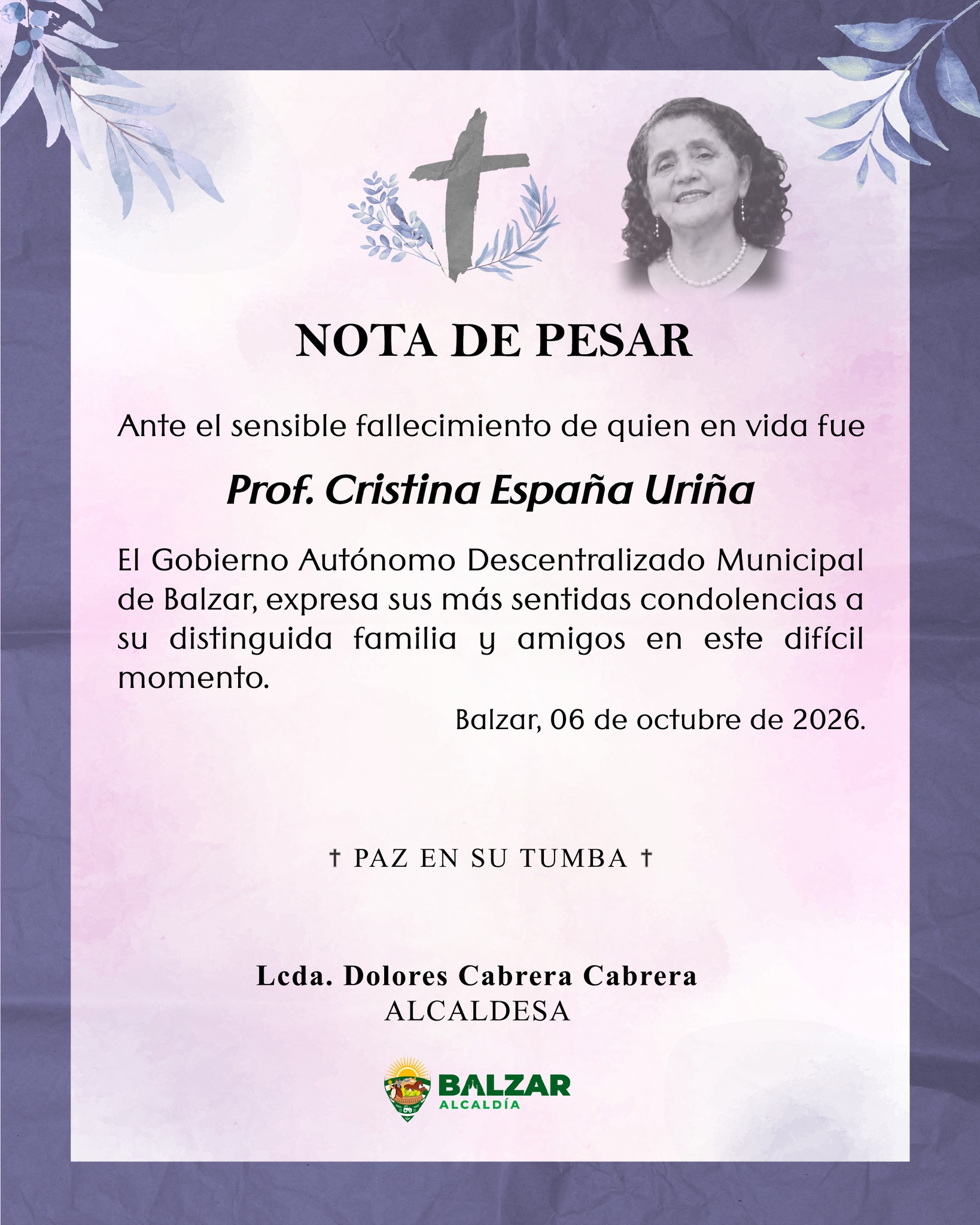 Balzar rinde homenaje a la profesora Cristina España, fallecida en octubre