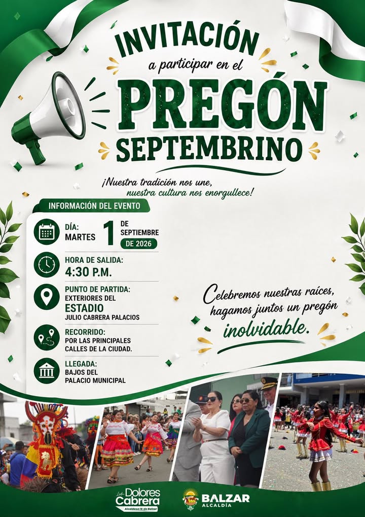 Alcaldía de Balzar abre inscripciones para el Pregón Septembrino 2026