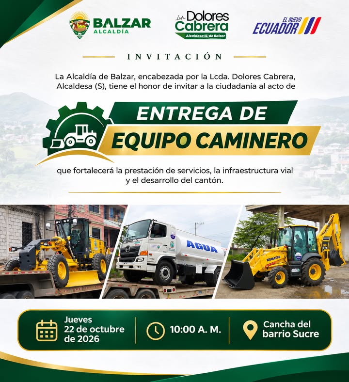 Alcaldía de Balzar entrega maquinaria caminera este jueves en Barrio Sucre