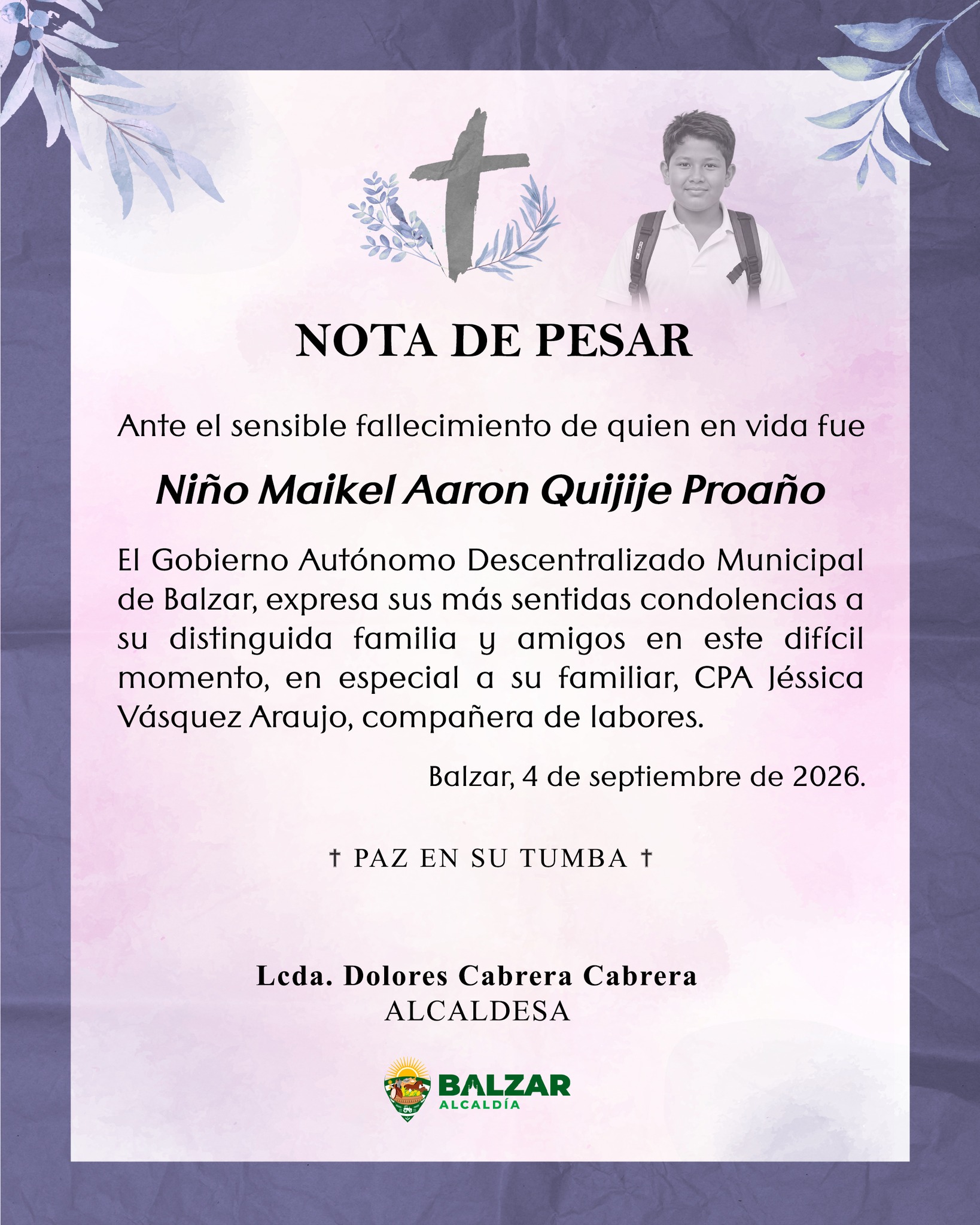 Municipalidad de Balzar emite nota de condolencia por fallecimiento de Maikel Aaron Quijije Proaño