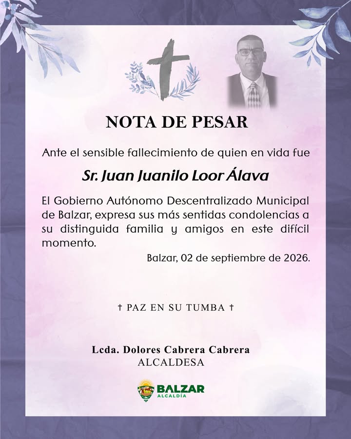 Balzar rinde homenaje a Juanilo Loor Álava Paz con nota oficial de pesar