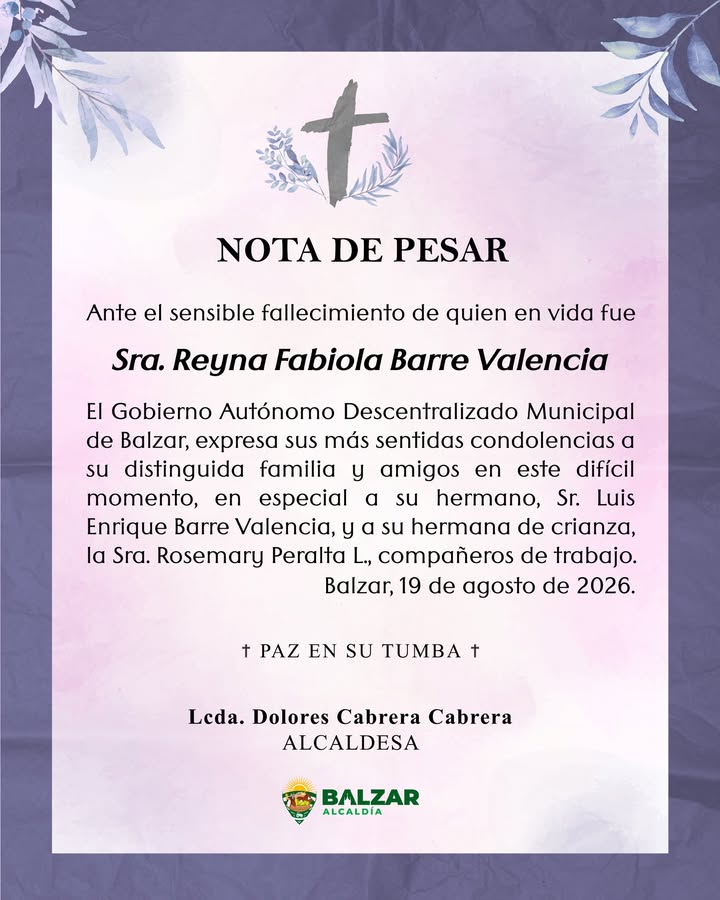 GAD Balzar emite nota de condolencia por el fallecimiento de Reyna Barre