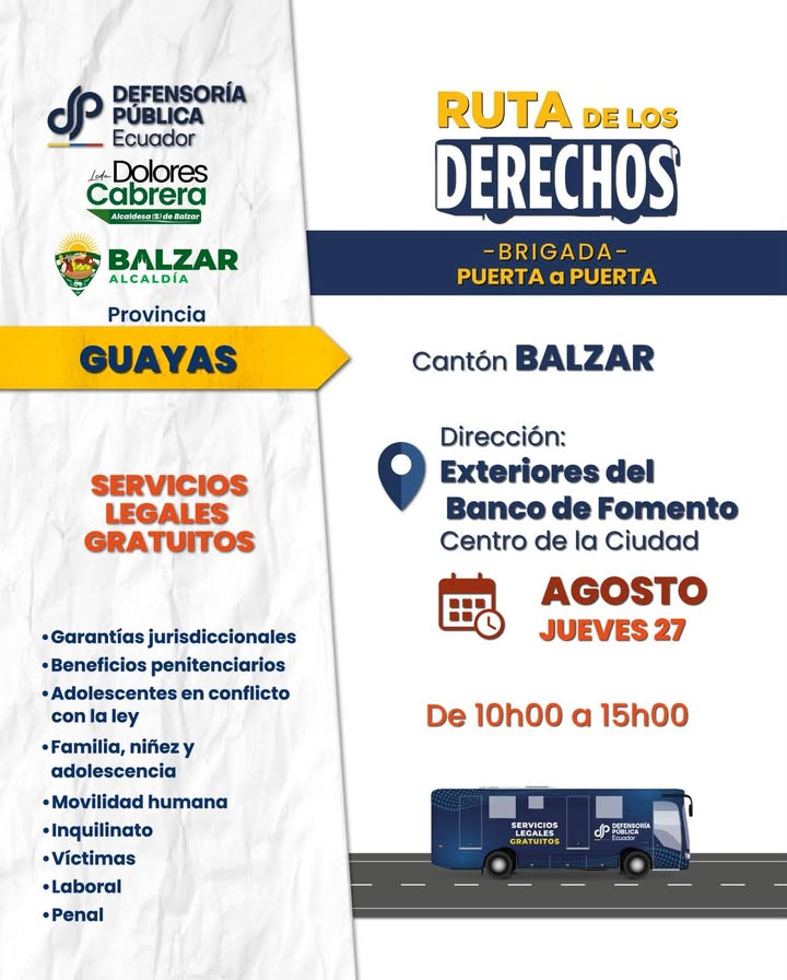 Ruta de los Derechos llega a Balzar con asesoría legal gratuita este jueves
