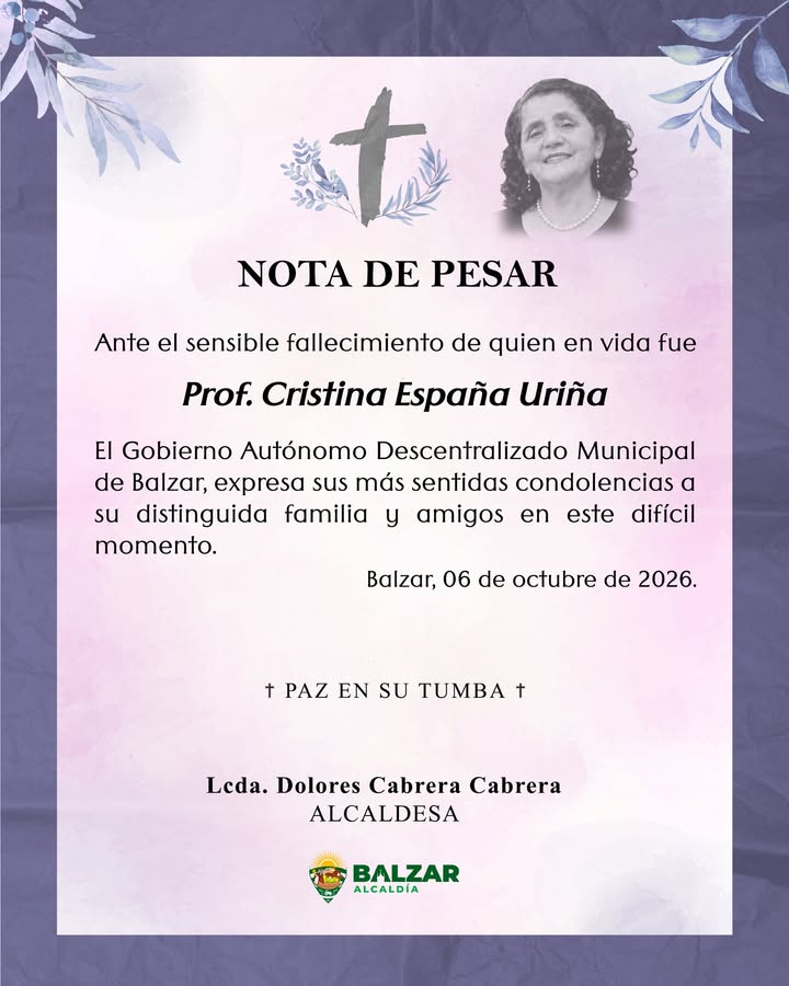 Municipio de Balzar honra memoria de la profesora Cristina España